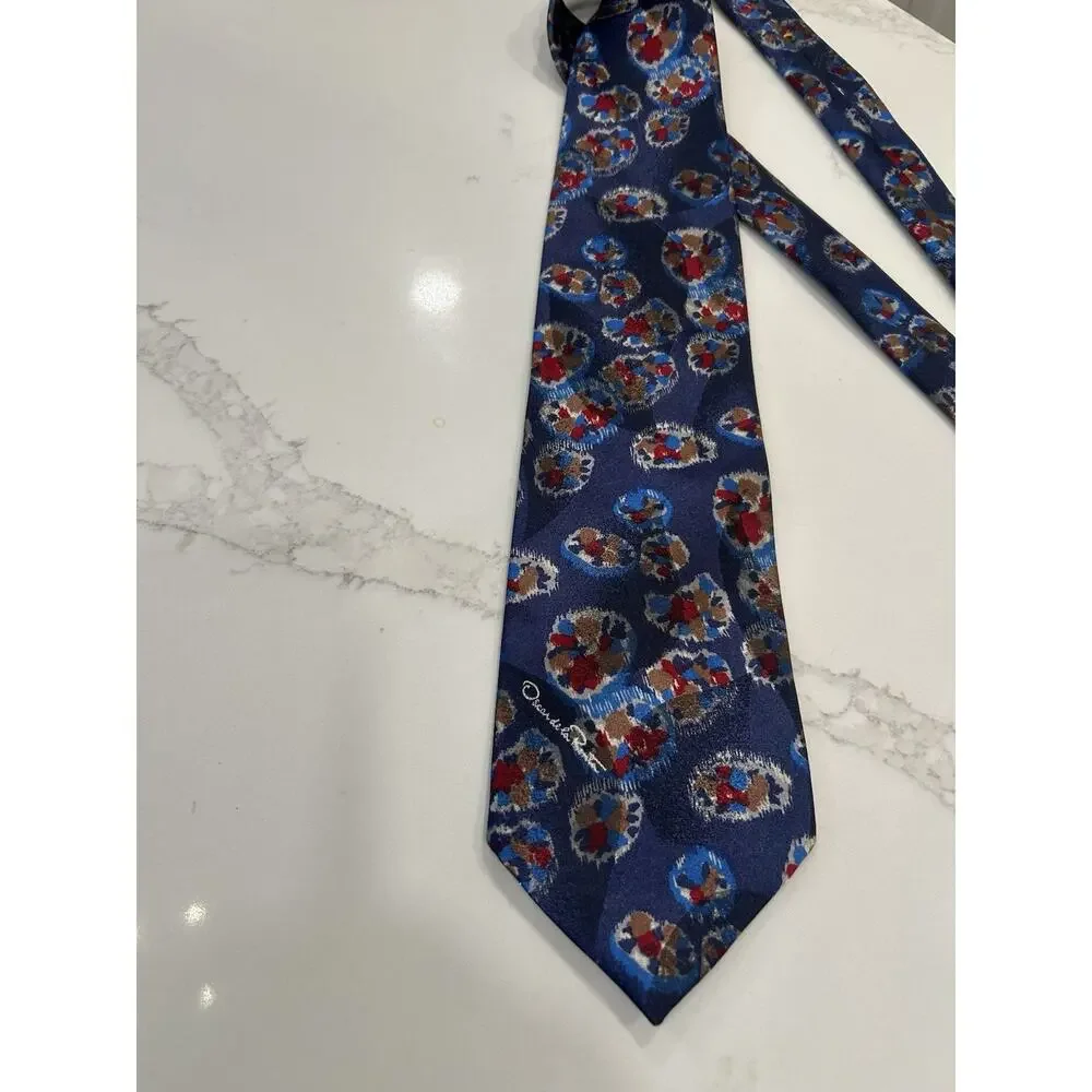 Oscar De La Renta Men’s Necktie Blue‎ 3.75” Silk Blend Geometric Logo Vtg Tie